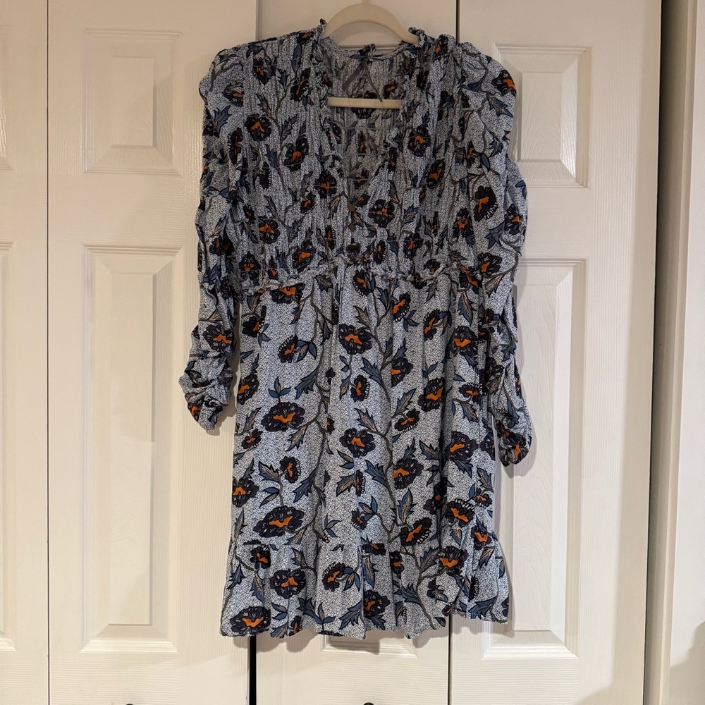 Anthropologie Blue Floral Smocked Mini Dress, Size L Worn on TV - Picture 3 of 16